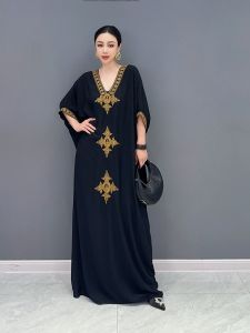 Loose V-neck Fashionable Womens Dress Korean Style Autumn New Arrival Casual Batwing Sleeve Long Skirt Style Polyester Blend