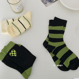 Green Mid-Calf Socks for Women Stylish Ins Trend Spring Autumn Web Red Heart Embroidery Pair Knee-Length Stripes All-Season Neutral