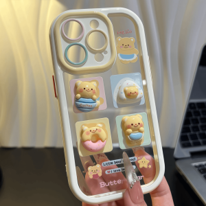 Anti-Fall Mirror Surface Butter Bear Character Phone Case Compatible with iPhone 16 Huawei Mate70 pro New Model 14/13/12 Designs