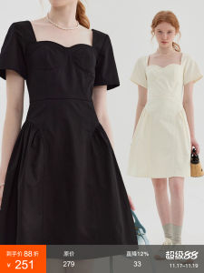 Fano Studios Summer 2024 French Vintage Square Collar Short Sleeve Dress Womens Waist Cinched Slim Short Black Dress A-Line Skirt