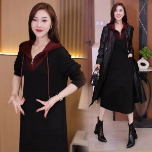 Chic Hooded Dress Womens Autumn New Style Slimming Belly Covering Mid-Length Casual Sweatshirt Dress A-Line Skirt