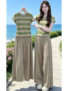 NUMEN BUTTON | Short Stature Summer New Stripe Contrast Short Sleeve Shirt & Loose Pants Suit