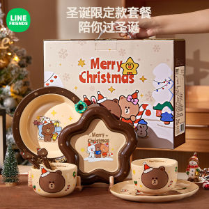 Line Friends Brown Bear Christmas Dish Tray Set Wedding Companion Gift Ceramic Rice Bowl Plate Household Cutlery Gift Set Friends Gift Lover Gift Christmas Gift