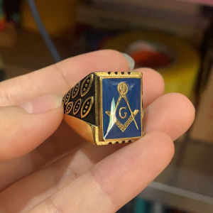 Mens Blue Enamel Gold Plated Freemason Masonic Stainless Steel Biker Ring Mens Jewelry