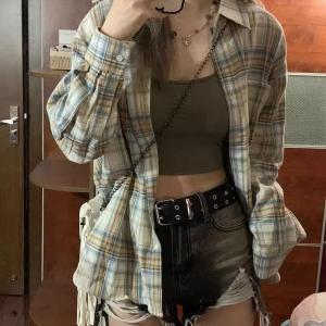 เสื้อเชิ้ตลายสก็อตหลวมๆ สำหรับผู้หญิง ฤดูใบไม้ผลิและฤดูใบไม้ร่วง เสื้อคลุมกันแดดฤดูร้อน เสื้อคลุมคาร์ดิแกนแบบเปิด ดีไซน์เก๋ไก๋ เสื้อเชิ้ตลายสก็อตสำหรับผู้หญิง