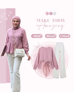 OOTD Atasan Kekinian Baleria 3in1 (Blouse Soft Pink - Celana - Jilbab Bella) One set Remaja HO146N