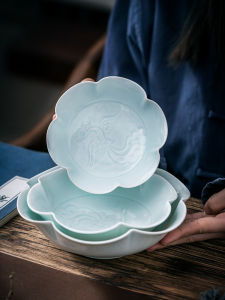 Jingdezhen Chinese Style Song Dynasty Blue Porcelain Fine Carving Plum Blossom Phoenix Pattern Deep Bowl Large Medium Small Thin Bowl Club Atmosphere Diningware