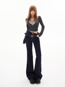 VMbU American Style High Waist Bell Bottom Denim Jeans Womens Fashionable Adjusted Waist Belt Long Pants Cotton Blend