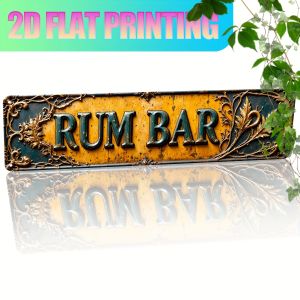 2D Flat Vintage "RUM BAR" Metal Sign - 40.64cm x 10.16cm | Rustic Aluminum Wall Decor with Ornate Golden Font UV Printed Dura