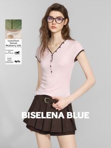BEIQIANI | Colorblock Silk Knit T-shirt Short Sleeve V-neck