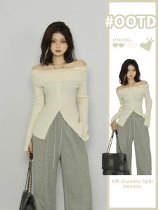 HUOLISI | Off-Shoulder Slit White Sweater Knitwear