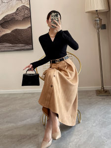 High Waist Velvet A-Line Mini Skirt Womens Slimming Two-Piece Set Autumn Winter Fashion High-End Feel Commute Casual Daily