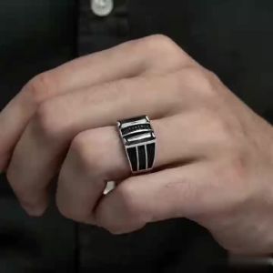 Vintage Silver Plated Stainless Steel Zircon Ring for Men Black Face Jewelry Accessory Wholesale Size 7-13