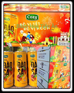 Thùng 24 Lon Trà Tươi Hương Đào & Sả Cozy 320ml - Organic Không Chất Bảo Quản Hộp Carton Tiện Lợi mẫu tết