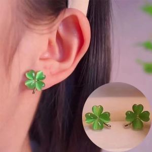 🍀Esther 925 silver earrings Green Four Leaf Clover Earrings Lucky Clover Crystal ear studs for Women Stud earings for women earrings Girls Jewelry gift Summer earrings beach Women Drop Earrings hypoallergenic earrings piercing stud earrings for women