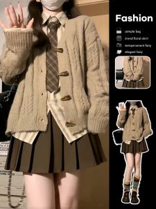 Autumn Winter JK Uniform Set for Petite Women Knitted Sweater Cardigan with Plaid Skirt Two-Piece Set Casual Style
