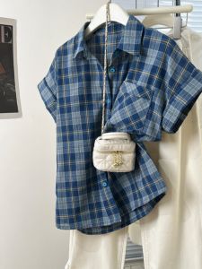 Polo Collar Blue Gingham Shoulder Short Sleeve Shirt French Retro Design Niche Shirt Casual Loose Top