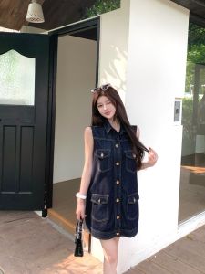 French Vintage Denim Sleeveless Dress Women Summer 2025 New Elegant High-End Loose Single Button Short Skirt Commute Style