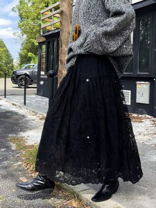 Elegant Lace Half Skirt Womens High Waist A-Line Skirt Gentle Style Korean Commute Long Skirt Slimming Net Gown Design Sensation