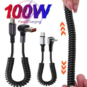 17CM To 1.5M Elbow 90 Degree Car Spring Cable 100W Short Fast Charging Wire Type C Cable For Huawei Xiaomi Samsung