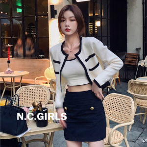 Color Block Knitted Cardigan Summer New Style Strap Vest Short Top Two Piece Set Womens Premium Fashion Thin Long Sleeve Crew Neck