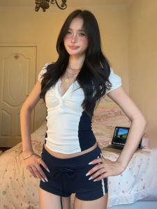 American Style Short Sleeve Lace Patchwork Bubble Sleeve High Waist Slimming Shorts Sportswear Set V-neck Street Style Summer T-shirt