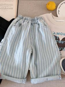 กางเกงยีนส์ทรงตรงลายทางสไตล์เกาหลีสำหรับเด็กผู้ชายและเด็กผู้หญิง ผ้าฝ้ายนุ่ม ทรงเรโทร แฟชั่นสำหรับเด็ก ฤดูใบไม้ผลิและฤดูร้อน