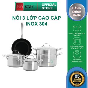 Bộ nồi chảo 3 lớp đúc liền khối inox 304 cao cấp Fivestar Plus  nắp kính  dùng được mọi bếp