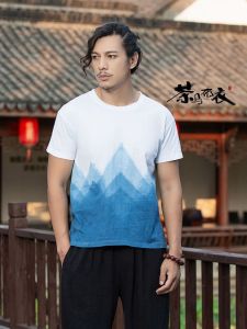 Radix Isatidis Plant Tie-Dye Blue Dye Batik Tops Loose Short Sleeve T-Shirt Chinese Style Couples Shirts Half Sleeve T-Shirt Mens Clothing
