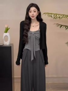 Áo Len Cardigan Dệt Kim Dài Tay Màu Đen Cho Nữ Áo Lót Dây Màu Xám Áo Khoác Ngoài Hai Mảnh Áo Ngắn Áo Chui Đầu Cổ Tròn