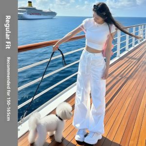XINGJUSHE | White Summer Lightweight High Waist Loose Straight Casual Wide Leg American Style Quick Dry Hiking Cargo Pants