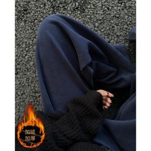 กางเกงขายาวทรงตรงเอวสูงผ้ากำมะหยี่ผสมขนสัตว์สำหรับผู้หญิง กางเกงขายาวทรงหลวมสบาย ๆ สำหรับฤดูใบไม้ร่วงและฤดูหนาว กางเกงขายาวทรงสปอร์ตแบบลำลอง