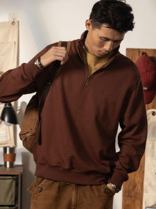 เสื้อสเวตเตอร์คอตตอนผสมคอตตอนแท้สีแดงสีอินทรีย์สไตล์อเมริกันย้อนยุค 420 กรัม พร้อมซิปครึ่งตัว สำหรับผู้ชาย ฤดูใบไม้ร่วง 2025