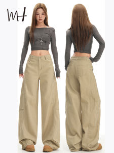 Quần Jeans Ống Rộng Cạp Cao Kiểu Dáng Thẳng Màu Kaki Phong Cách Mỹ Retro Cho Nữ Quần Dài Thường Ngày Mùa Thu