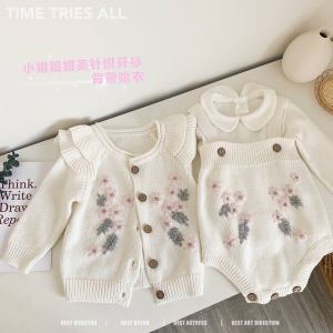 Cute Cubs Spring Autumn Cotton Knitted Sweater Vest Baby Girl Clothes Embroidered Flower Thickened Korean Style Toddler Set
