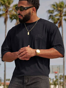 American Style Loose Elastic Mens Short Sleeve Fitness T-Shirt round Neck Casual Foamed Letter Print Cotton Running Training