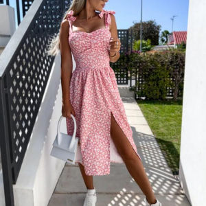 สไตล์ฝรั่งเศสเซ็กซี่ Low Cut ดอกไม้พิมพ์ Midi ชุดไม่มีแขนเปิดกลับเสื้อชุดสําหรับฤดูร้อนผู้หญิง 25-29