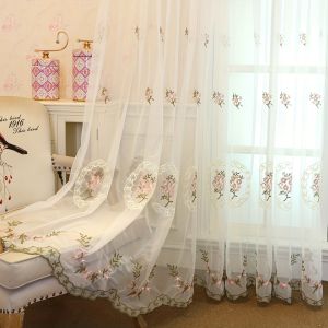 AnneyOneDecor Pink Lace Sheer Curtains Embroidered Window Treatment Pastoral Curtain Drapes Floral Voile Romantic Tulle Curtain