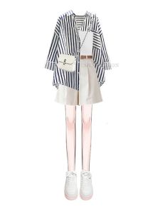 NUMEN BUTTON | Bộ Áo Thun Dài Tay Kẻ Sọc Phong Cách Hàn Quốc Giúp Gầy Gò Vintage Quần Short Cho Mùa Hè