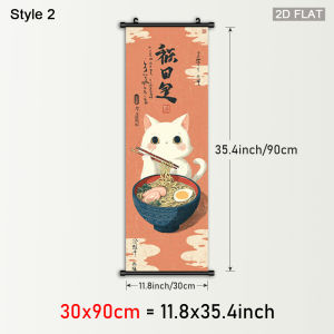 VIKAMA Cute Kitten Ramen Tri-Panel Scroll Tapestry Japanese Anime Wall Art for Bedroom Aesthetic Room Decoration for Girls