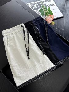 ZHUOCAN | Quần Short Mùa Hè Họa Tiết Caro Mỹ Lụa Băng Nhanh Khô Dáng Rộng Thẳng