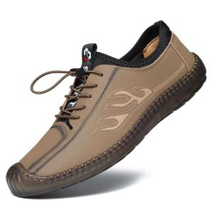 Spring 2025 Mens Thick Bottom Casual Shoes Genuine Cowhide Leather Slip-On Loafers Lightweight Rubber Sole Comfortable Footwear
