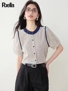 puella | Áo Sơ Mi Tay Ngắn Sọc Dạng Cuff Mũi Tên Phong Cách Pháp