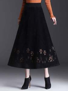 กระโปรงยาวปานกลางถักหนาสำหรับผู้หญิงฤดูใบไม้ร่วง/ฤดูหนาว กระโปรงทรงเอลายมีด กางเกงขายาวเอวสูง กระโปรงทรงเอลายมีด