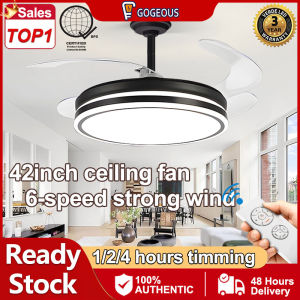 GOGEOUS 42inch retractable ceiling fan with light modern ceiling fan with led light with remote 3 colors dimming ceiling lights with fan 6 speed strong wind mute ceiling fan heavy duty ceilings fan for living room bedroom kitchen