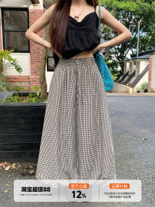 Summer Lazy Style Orange Tree Retro Plaid Bloomer Skirt Womens Loose Versatile Midi Skirt High Waist Polyester Blend Casual Wear