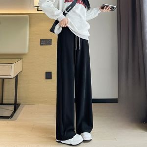 LANGPIN | 2024 New Black Ribbed Wide Leg Pants Womens Spring Autumn Drapey Glutinous Rice Pants Long Knitted High Waist Casual Trousers