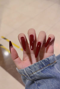 Handmade Long Nails Bright Red Color Wearable False Nails Detachable Adhesive Nail Tips Easy to Wear for Any Skin Type