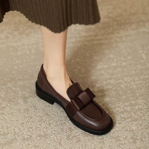 Luxurious French Style Cozyroom Shoes with Butterfly Knot Design Top Layer Cowhide Leather Square Head Moccasins for Women