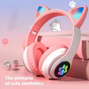 Cute Cat Ear Bluetooth Compatible Headset with LED Wireless Headset Children Girls Stereo Folding Sports Headset with Microphone